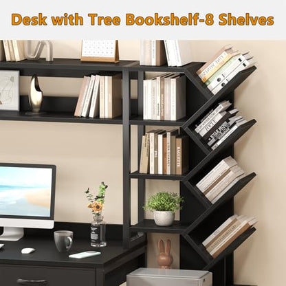 YOMILUVE 52" Computer Desk with Bookshelf, 5 Drawers ＆ Hutch for Bedroom | Black Office Desk with Printer Shelf, Study Writing Desk with Storage Shelves - color: Black