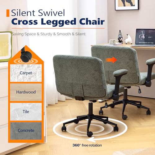 VINGLI Criss Cross Chair with Adjustable Flip-Up Arms,Cross Legged Chair with Wheels, Extra Wide Office Chair,Cozy Desk Chair for Home Office, Vanity, Apartment,Chenille Velvet,Dark Green - color: Dark Green