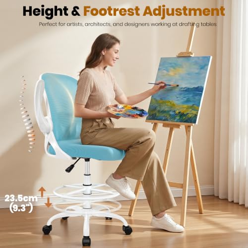 Primy Drafting Chair Tall Office Chair with Flip-up Armrests Executive Ergonomic Computer Standing Desk Chair with Lumbar Support and Adjustable Footrest Ring（Blue） - color: Blue, size: 934-Z