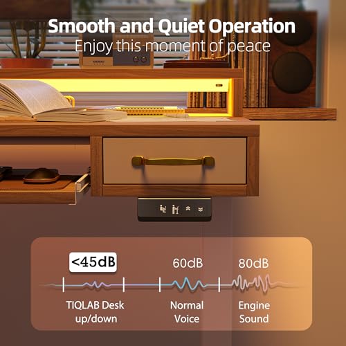 TIQLAB Standing Desk with Two Drawers, Stand Up Standing Desk Adjustable Height, Electric Sit Stand Table with Storage Shelf and Splice Board, with LED Light, 47 * 28 inch, Light Walnut - color: Light Walnut, size: 47*28 inch with keyboard tray