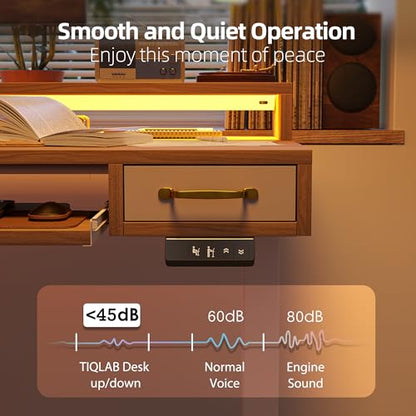 TIQLAB Standing Desk with Two Drawers, Stand Up Standing Desk Adjustable Height, Electric Sit Stand Table with Storage Shelf and Splice Board, with LED Light, 47 * 28 inch, Light Walnut - color: Light Walnut, size: 47*28 inch with keyboard tray