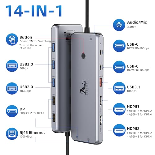 13-in-1 Laptop Docking Station Dual Monitor 4K, 2 HDMI USB C Hub LIONWEI - color: 13-in-1[2 HDMI+DisplayPort]