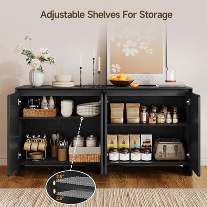 63" Sideboard Buffet Cabinet with Storage, Buffet Sideboard Cabinet with 4 Doors & Adjustable Shelves, Modern Coffee Bar Console Table for Living Room, Kitchen, Entryway (Black) - color: Black