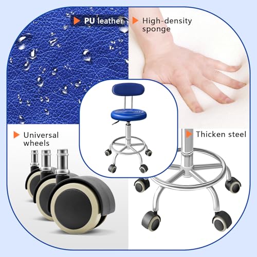 Rolling Stool with Backrest, Adjustable 360° Swivel Task Stool - color: Blue