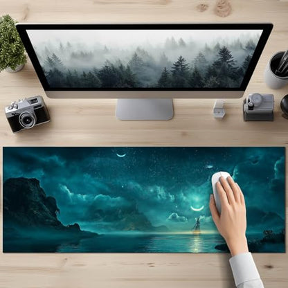 HOMETITUTE Large Mouse Pad 31.5x11.8 Inch Gaming Mousepad Teal Moon Night Seascape Art Non-Slip Keyboard Desktop Protector Mat XL Mouse Pad for Home Office Laptop Wireless Mice Accessories - color: Teal Moon Night Seascape Art
