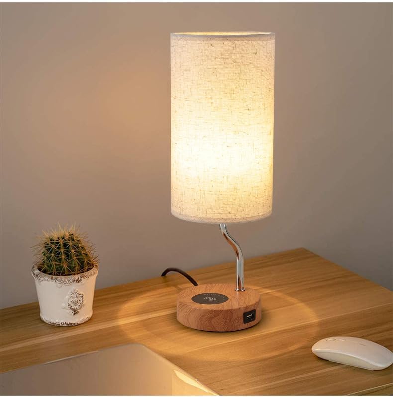 Set of 2 Smart Bedside Table Lamp with Wireless Charger & USB Port - Touch Control LED Desk Lamp for Bedroom, Dimmable Wooden Nightstand Lamp with Fabric Shade for Living Room, Kid's Room, (Cream) - color: Set of 2(Cream)