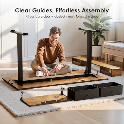 OffiGo 55 Inch U Shape Standing Desk, Keyboard Tray & Drawers, Rustic Brown - color: Rustic Brown With Drawers, size: 55 Inch