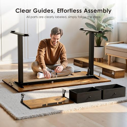 OffiGo 55 Inch U Shape Standing Desk, Keyboard Tray & Drawers, Rustic Brown - color: Rustic Brown With Drawers, size: 55 Inch