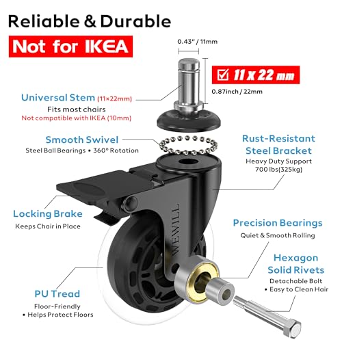 WEWILL Office Chair Wheels - Rubber Casters Replacement Universal Fit 98% Chair(Set of 5) Heavy Duty 3 Inch Smoothly & Quietly Safe for All Floor, Hardwood, Tile, Carpet, Noise Free - Transparent - color: Transparent