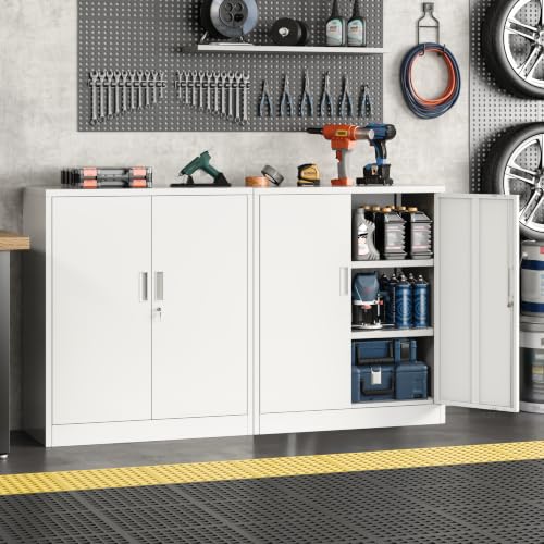 Metal Storage Cabinet, 36" Locking Cabinet with Adjustable Shelves for Garage, Office (White) - color: White, size: 36"H×32"W×16"D