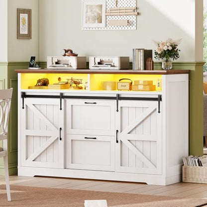 SEDETA 47.2" File Cabinet, 2 Drawers Filing Cabinets for Home Office fit Legal/Letter/A4 File, Farmhouse File Cabinet with Barn Door & Power Outlets, Printer Stand with Storage & LED Lights, White - color: White