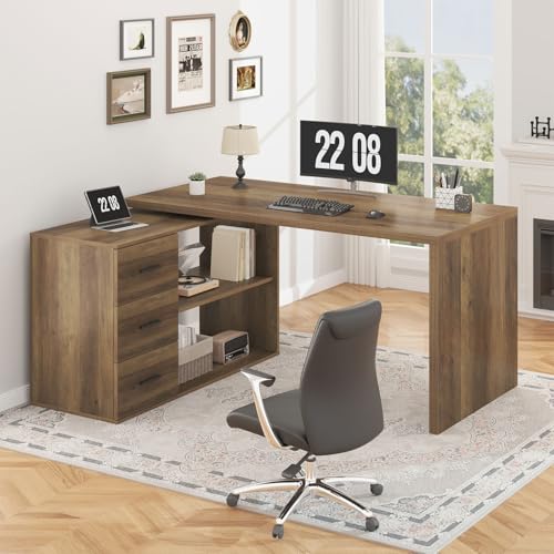 HSH 55-76 Inch Rustic L Shaped Desk,Corner Desk with Storage Drawers | Morden Reversible Home Office Desk,Wood 360 Rotating Long Executive Coumputer Desk With Open Shelves,For Work,Study,Gaming - color: Rustic Oak