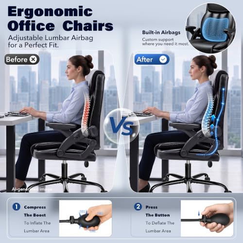 Ylzyxal Ergonomic Office Chair with Airbag Lumbar Support & Armrest, 90°-160° Recline Rolling Chair 440lb Capacity, Executive Office Desk Chairs Breathable Leather, Computer Chair with Silent Wheels - color: Black