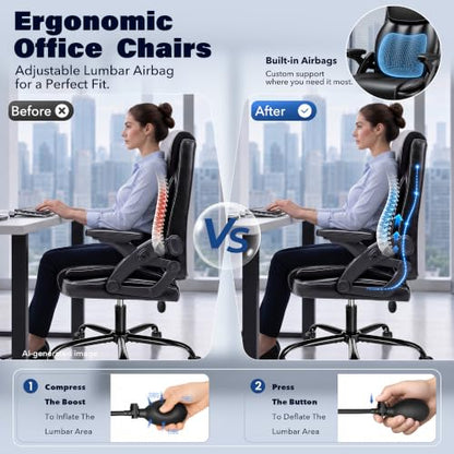 Ylzyxal Ergonomic Office Chair with Airbag Lumbar Support & Armrest, 90°-160° Recline Rolling Chair 440lb Capacity, Executive Office Desk Chairs Breathable Leather, Computer Chair with Silent Wheels - color: Black