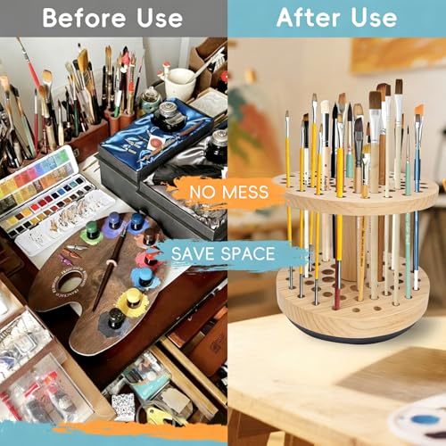 Rotating Paint Brush Holder, 360° Smooth Rot Hardwood Artist Organizer - color: Yellow（52 Holes）