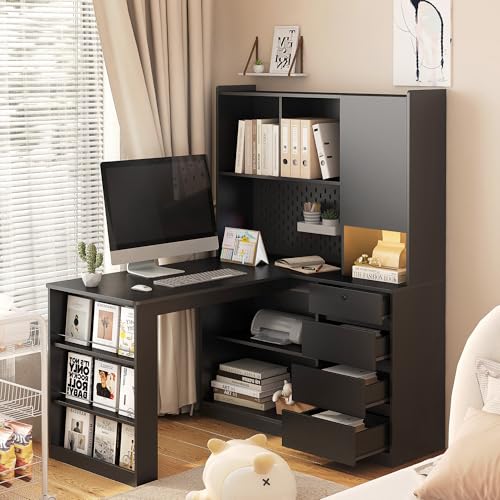 RuiSiSi L Shaped Home Office Desk with Hutch, Drawers and LED, Wooden Gaming Computer Corner Table with Bookshelf and Storage, Black - color: Black, size: 46.06"L x 51.56"W x 62.79"H