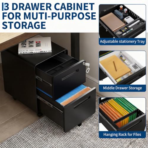 Garvee Mobile File Cabinet with Lock, 2 Drawer File Cabinet with Lock | 2 Drawer Under Desk Metal Rolling Filing Cabinets for Home Office Legal/Letter File Folders, Fully Assembled - color: Black Color