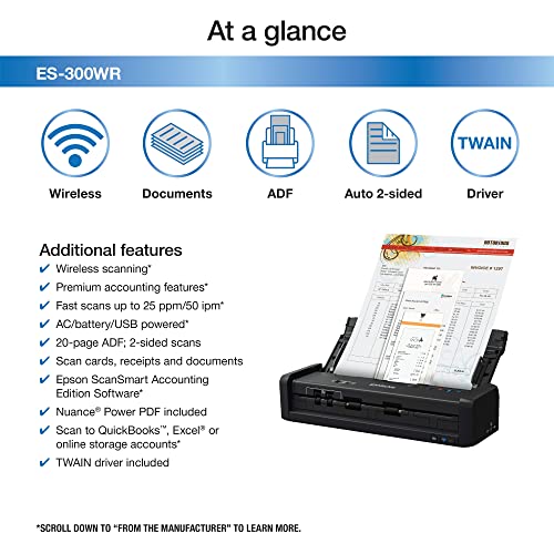 Epson ES-300WR Wireless Color Portable Duplex Document Scanner Accounting Edition for PC and Mac Auto Doc Feeder (ADF)