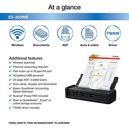 Epson ES-300WR Wireless Color Portable Duplex Document Scanner Accounting Edition for PC and Mac Auto Doc Feeder (ADF)