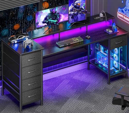 Korfile 61 Inch Gaming Computer Desk with Power Outlets,LED,5 Drawers,Black - color: Black, size: 61 Inch