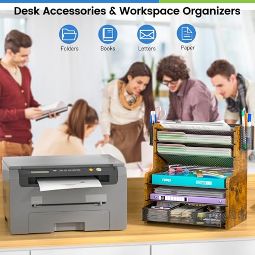 DAOUTIME 6-Tier Mesh Desk Organizer with Drawer, Wooden Office Organizer for Papers, Folders & Office Supplies - Sturdy Desktop File Holder with 2 Pen Holders - Space Saving Home Office Accessories