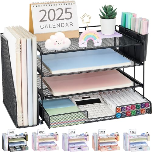 Desk Organizer, 4-Tier Desktop File Organizer with Drawer and Pen Holders, Office Desk Accessories, File Sorters, Workspace Organizers for Office Supplies(Black) - color: Black, size: 4T