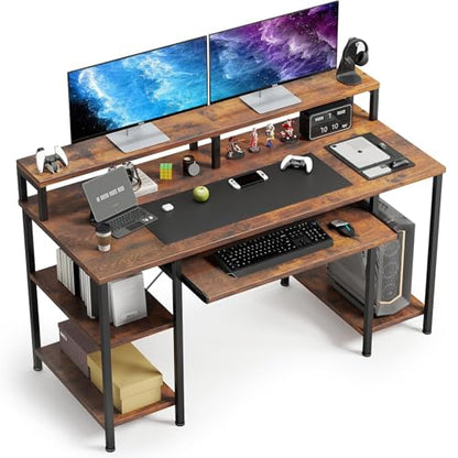 VERMESS 48Inch Computer Desk, Home Office Desks with Keyboard Tray, Gaming Desk with CPU Stand Shelf,Industrial Study Table Wide Writing Desk with Storage Shelves for 2 Monitors, Rustic Brown - color: Rustic Brown
