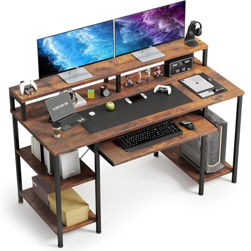 VERMESS 48Inch Computer Desk, Home Office Desks with Keyboard Tray, Gaming Desk with CPU Stand Shelf,Industrial Study Table Wide Writing Desk with Storage Shelves for 2 Monitors, Rustic Brown - color: Rustic Brown