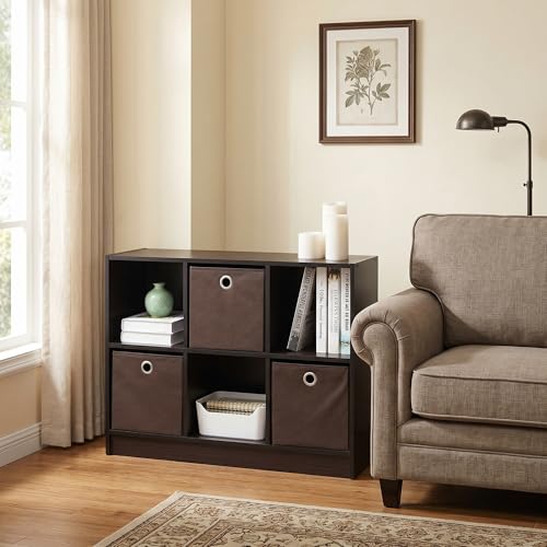 6-Cube Bookshelf with Storage Bins, Cube Bookcase, Book Shelf with Storage Bins, 11.9 x 31.6 x 23.6, for Organization and Storage, Home Office, Living Room, Dark Walnut - color: Dark Walnut, size: 6 Cube