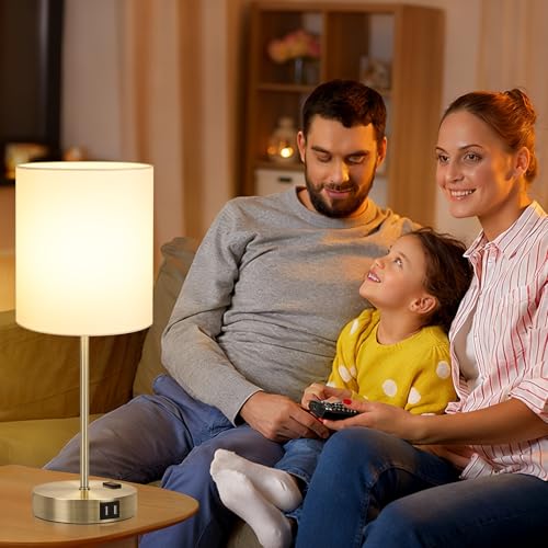 Lynnoland Set of 2 Touch Control Table Lamps with 2 USB & AC Outlet, 3-Way Dimmable Bedside Nightstand Lamps for Bedroom Living Room Nursery, 800 Lumens 3000K Warmlight Bulbs Included - color: White & Brass (Base) - 3000K