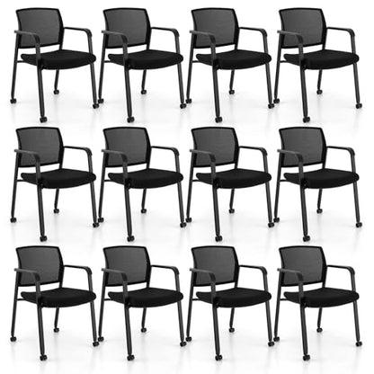 COSTWAY Stackable Office Guest Chairs Set of 12 with Wheels and Armrests | Conference Room Chairs with Mesh Backrest and Upholstered Seat, Ergonomic Waiting Room Chairs for Office Home Reception Area - size: 12 Pack, style: with Wheels