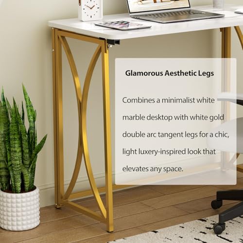 Folding Desk, 31.5" Small Desk for Bedroom, Space Saving Foldable Computer Desk for Home Office, Easy Assembly, White and Gold - size: medium size22