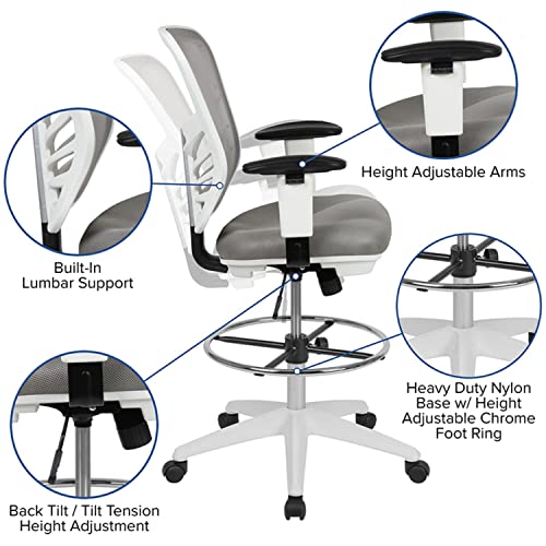 Flash Furniture Tyler Mid-Back Light Gray Mesh Ergonomic Drafting Chair with Adjustable Chrome Foot Ring, Adjustable Arms and White Frame - color: Light Gray Mesh/White Frame