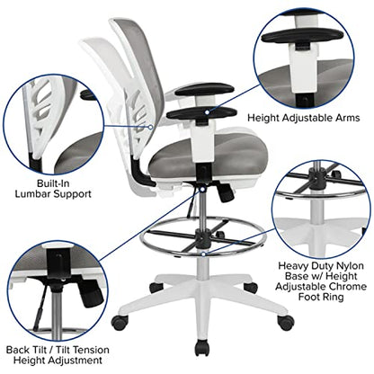 Flash Furniture Tyler Mid-Back Light Gray Mesh Ergonomic Drafting Chair with Adjustable Chrome Foot Ring, Adjustable Arms and White Frame - color: Light Gray Mesh/White Frame