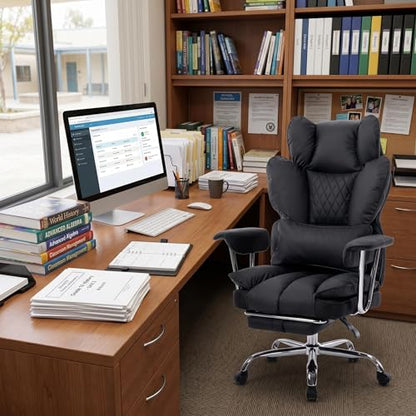 Big and Tall Office Chair with Pocket Spring Cushion, High Back Ergonomic Desk Chair for Home Office, Thick Padded Seat, Adjustable Armrests & Lumbar Support, with Footrest, PU Leather, Black - color: Black