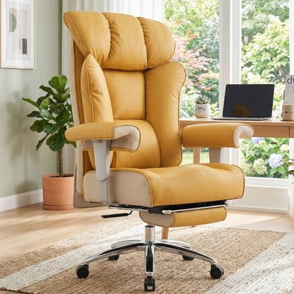 Efomao Big and Tall Green Office Chair 450LBS – Ergonomic High-Back Executive Chair with Footrest, Adjustable Padded Armrests, PU Leather Computer Chair with Lumbar Support for Home or Office, Yellow - color: 3060-yellow