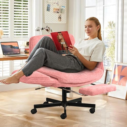 Criss Cross Chair with Footrest & 5 Level Folding Arms Full Relaxation, Wide Cross Legged Office Chair for Home Office, Comfy Swivel Desk Chair with Ottoman, Chenille Vanity Chair (Pink) - color: Pink, style: With Footrest
