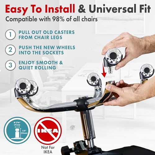 Office Chair Wheels Replacement Set of 5 - Dual 2 Inch Soft Chair Casters for Hardwood Vinyl Tile - Heavy Duty & Safe for All Floors - Universal Fit Most Computer Gaming & Desk Chairs - White - style: White / Transparent
