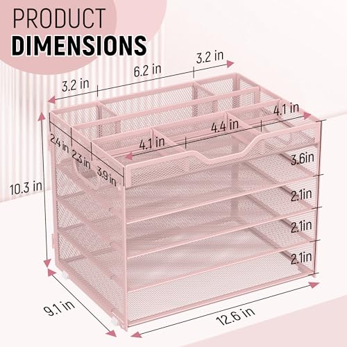 Docnest 5 Tier Mesh Desk Organizer with Removable Tray&Pen Holder, Pink - color: Pink, size: 12.6"x9.1"x10.3"