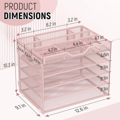 Docnest 5 Tier Mesh Desk Organizer with Removable Tray&Pen Holder, Pink - color: Pink, size: 12.6"x9.1"x10.3"