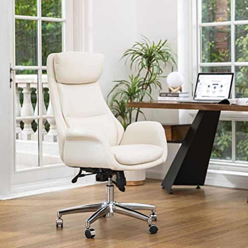 Glitzhome Modern Executive Home High-Back Office Chair - Leather Adjustable Swivel Desk Chair with Armrest(Cream) - color: Cream