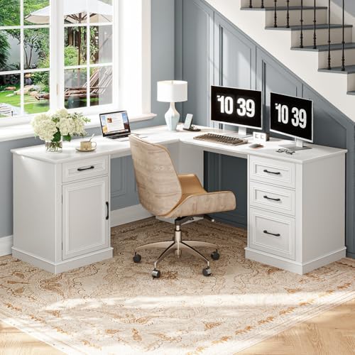Vabches Farmhouse 59" L-Shaped Executive Desk with Drawers, Cream White - color: Cream White