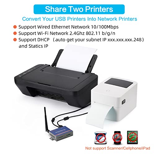 Wireless Print Server for USB Printer (NOT Plug&Play), 2 Port USB Print Server, Convert Wired Printer to Wireless WiFi Ethernet Networking - Windows Mac Linux Compliant - CR202