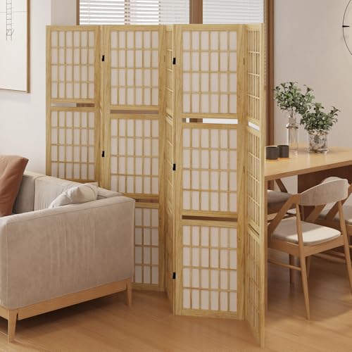 Room Divider with Shelves, 66.9-Inch Tall Japanese Shoji Style Wood Screen with Double Hinges for Home Office Bedroom Hotel Decoration (6 Panels, Natural) - color: Natural - Shelves, size: 6 Panels