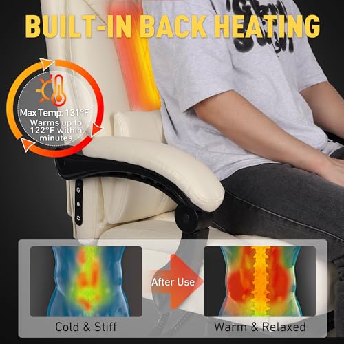3D Kneading Massage Office Chair with Heat, 500 lbs Big and Tall Executive Computer Desk Recliner, Leather Electric Heated Office Chairs with Massage & Footrest - color: Beige