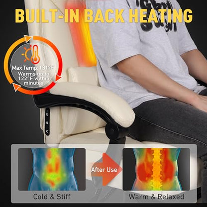 3D Kneading Massage Office Chair with Heat, 500 lbs Big and Tall Executive Computer Desk Recliner, Leather Electric Heated Office Chairs with Massage & Footrest - color: Beige