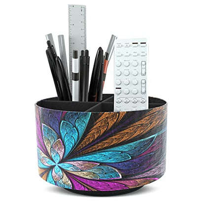 Round Leather Art Supply Organizer,Remote Control Holder,360 Degree Rotating,Multi-Functional Pencil Holder,4 Compartments Desktop Stationary Organizer(1-Fractal Flower) | Round - color: 1-Fractal Flower