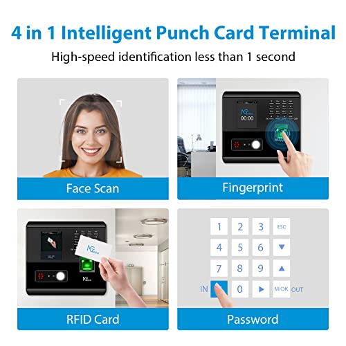 NGTeco APP Time Clock for Small Business, 4-in-1 Mode, No Monthly Fee | Employee Attendance Machine with Face, Fingerprint, RFID & PIN Check-in, 10 RFID Cards, 2.4G WiFi, Flexible Shift Management
