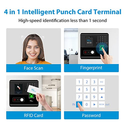 NGTeco APP Time Clock for Small Business, 4-in-1 Mode, No Monthly Fee | Employee Attendance Machine with Face, Fingerprint, RFID & PIN Check-in, 10 RFID Cards, 2.4G WiFi, Flexible Shift Management
