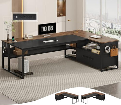 UPOSOJA 71" Executive Desk, L Shaped Office Desk with Widen File Drawers - color: Walnut, size: Widen Drawer